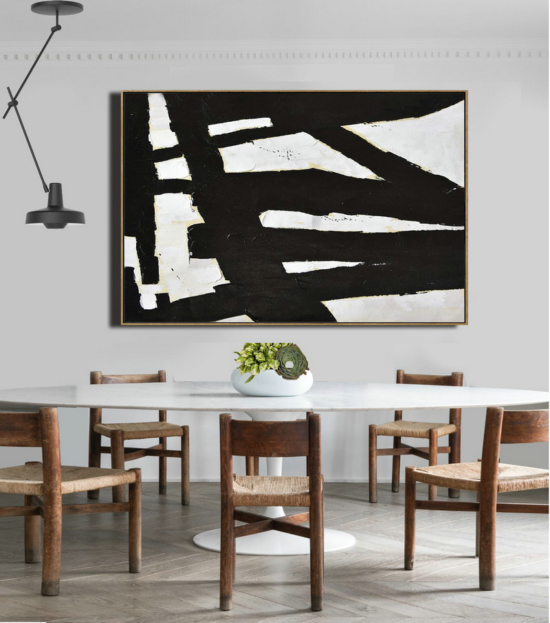Hand Made Original Art,Horizontal Palette Knife Minimal Canvas Art Painting Black White Beige - Hand Paint Large Clean Modern Art